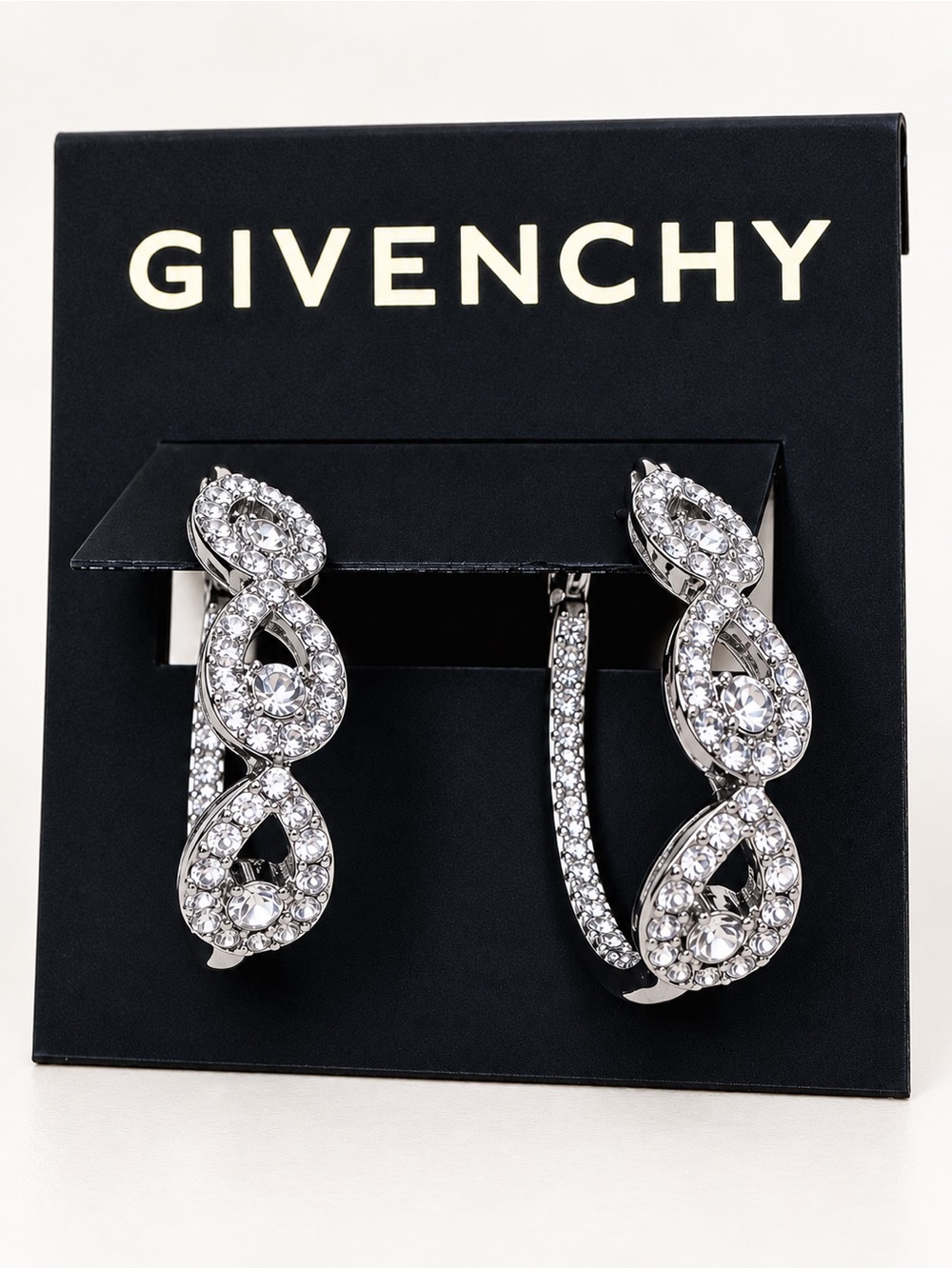 Givenchy Silver Tone Crystal Rhinestone Hoop Earrings Teardrop Statement NWT $48